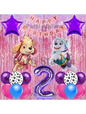 Parti Station Paw Patrol Skye ve Everst Konsept 2 Yaş Doğum Günü Pembe Püskül Parti Balon Seti