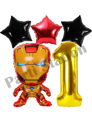Parti Station Avengers Iron Man Konsept 1 Yaş Gold Rakam Balon Set Demir Adam Konsept Doğum Günü Balon Set