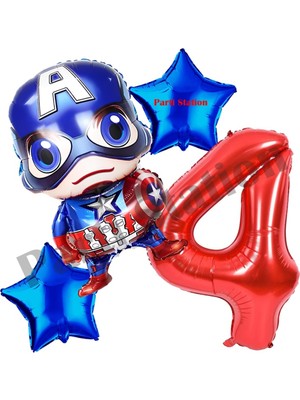 Parti Station Avengers Captain America Konsept 4 Yaş Rakam Balon Set Kaptan Amerika Konsept Doğum Günü Balon Set