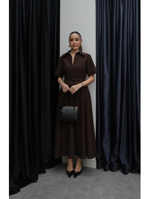 Havoş Kahverengi Ward Ince Kemerli Elbise