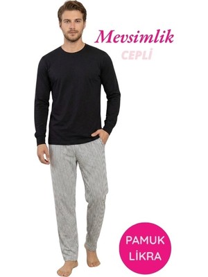 Guava Erkek Bisiklet Yaka Düğmesiz Çizgili Jakarlı Kumaş Mevsimlik Uzun Kol Cepli Pijama Takımı