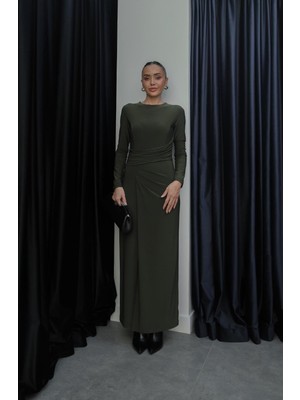 Havoş Haki Ön Drape Detaylı Yırtmaçlı Elbise