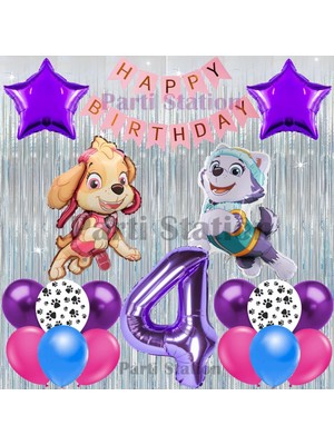 Parti Station Paw Patrol Skye ve Everst Konsept 4 Yaş Doğum Günü Gümüş Püskül Parti Balon Seti