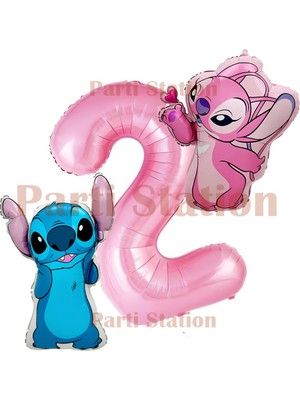 Parti Station Lilo Stitch ve Angel 2 Yaş Pembe Rakam Balon Doğum Günü Parti Seti