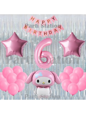 Parti Station Kuromi My Melody Konsept 6 Yaş Doğum Günü Balon Seti Pembe Rakam Balonlu