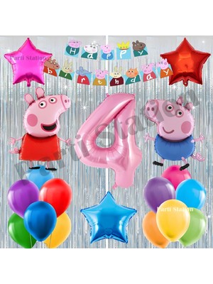Parti Station Peppa Pig Konsept 4 Yaş Doğum Günü Balon Set Pembe Domuz Peppa Pig ve George Tema Gümüş Doğum Günü