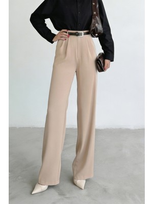 Hersteller Kadın Krem Bol Kesim Palazzo Pantolon Yüksek Bel Pileli Kumaş Pantolon