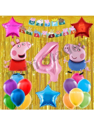 Parti Station Peppa Pig Konsept 4 Yaş Doğum Günü Balon Set Pembe Domuz Peppa Pig ve George Tema Gold Doğum Günü