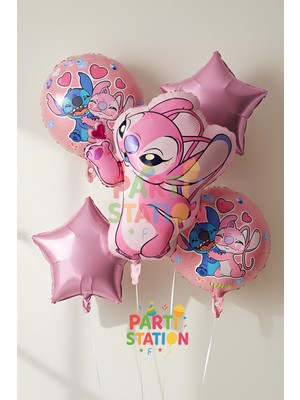 Parti Station Pembe Stitc & Angel Balon Seti – 5 Parça Çocuk Doğum Günü Parti Süsleri