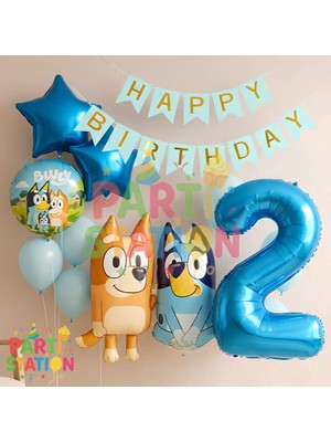 Parti Station Bluey ve Chilli Temalı 2 Yaş Folyo Balon Seti – Rakam Balonlu ve Happy Birthday Bannerlı