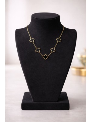 Stainless Steel Siyah Taşlı Gold Renk Yoncalı Çelik Kolye