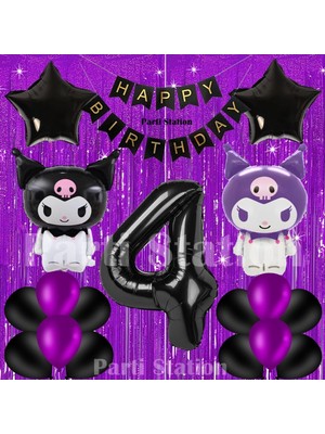 Parti Station Kuromi Konsept 4 Yaş Doğum Günü Balon Seti Mor Perdeli ve Siyah Rakam Balonlu
