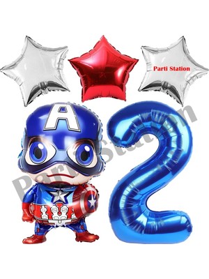 Parti Station Avengers Captain America Konsept 2 Yaş Lacivert Rakam Balon Set Kaptan Amerika Doğum Günü Set
