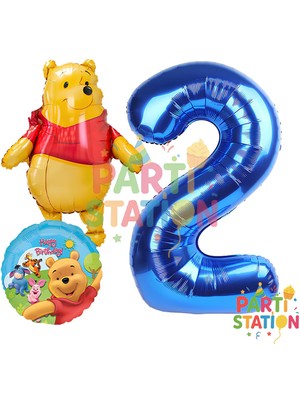 Parti Station Winnie The Pooh Temalı 2 Yaş Koyu Mavi Folyo Rakam Balon Seti 3 Parça Doğum Günü Süsleri