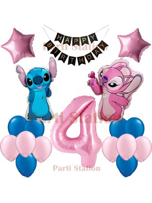 Parti Station Lilo Stitch Balon ve Angel 4 Yaş Doğum Günü Parti Balon Seti Pembe Rakam ve Happy Birthday Banner
