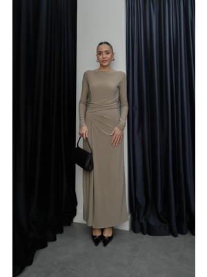 Havoş Vizon Ön Drape Detaylı Yırtmaçlı Elbise