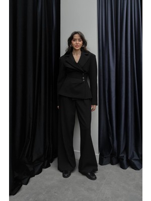 Havoş Siyah Vurgulu Bel Detaylı Ceket Pantolon Takım