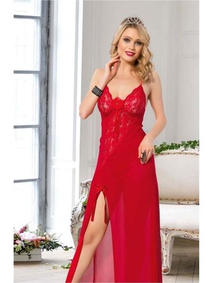 Wmc Collection Kırmızı Uzun Önden Derin Yırtmaçlı Güpür Dantelli Tül Gecelik