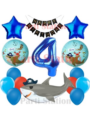 Parti Station Korsan Köpekbalığı Temalı 4 Yaş Doğum Günü Balon Seti & Happy Birthday Banner