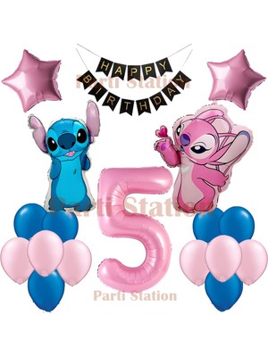 Parti Station Lilo Stitch Balon ve Angel 5 Yaş Doğum Günü Parti Balon Seti Pembe Rakam ve Happy Birthday Banner