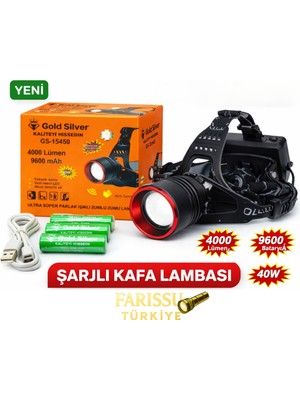 farissu Gold Silver GS-15450 4000 Lümen Ultra Parlak Şarjlı Zoomlu Sensörlü Kafa Lambası - 9600 Mah