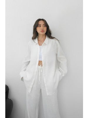 Havoş Beyaz Gizli Pat %100 Keten Gömlek