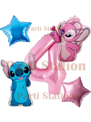 Parti Station Lilo Stitch ve Angel 4 Yaş Pembe Rakam ve Yıldız Folyo Balon Doğum Günü Parti Seti