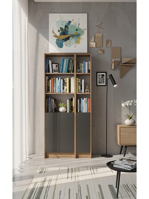 Yeti Mobilya FLAT85 Kitaplık 3 Kapaklı Kütüphane Çam Antrasit