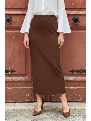 İmaj Butik Kahverengi Bel Lastikli Kalem Etek