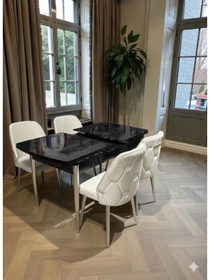 Msy Home 6 Kişilik Asil Krom/gold Serisi Kelebek Siyah Mermer Desenli Yemek Masası Takımı