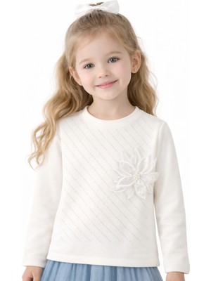 İrem Çocuk Giyim Kız Çocuk Taşlı Çiçek Detaylı Uzun Kol Model Ekru Renk Badi
