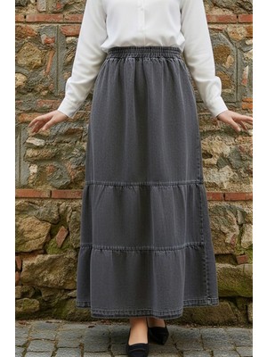 İmaj Butik Füme Bel Lastikli Eteği Katli Kot Etek