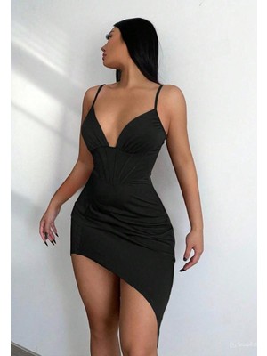 Beleng Kadın Siyah Korse Detaylı Asimetrik Kesim Mini Elbise