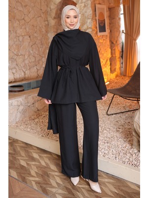 İmaj Butik Siyah Atkı Detaylı Tunik Pantolonlu Takım