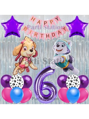 Parti Station Paw Patrol Skye ve Everst Konsept 6 Yaş Doğum Günü Gümüş Püskül Parti Balon Seti