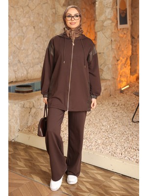 İmaj Butik Kahverengi Garnili Tunik Pantolonlu Modal Takım