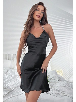 Beleng 5610 Saten Sim Askılı Elbise Siyah