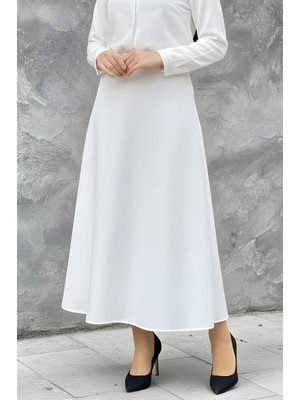 İmaj Butik Beyaz Bel Lastikli Scuba Kloş Etek