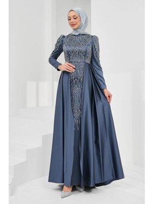 İmaj Butik Füme Önü Taşlı Saten Abiye
