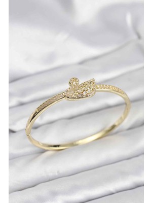 İntora Pirinç Gold Renk Zirkon Taşlı Kuğu Model Kadın Kelepçe Bileklik