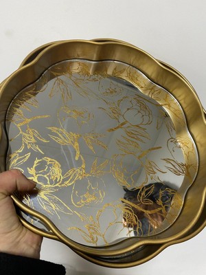 Elif Aksesuar Aynalı 2 Li Dekoratif Tepsi Gül Desenli 34CM-35CM