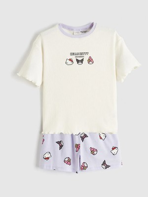 LC Waikiki Lcw Kids Ekru Hello Kitty ve Arkadaşları Baskılı Kız Çocuk Şortlu Pijama Takım