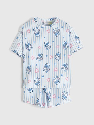 LC Waikiki Lcw Kids Ekru Stitch Baskılı Kız Çocuk Şortlu Pijama Takımı