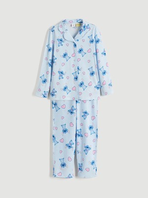 LC Waikiki Lcw Kids Mavi Gömlek Yaka Stitch Baskılı Kız Çocuk Pijama Takımı