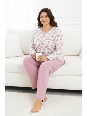 Aydoğan Büyük Beden Kadın Uzun Kol Kroşetalı Patlı Pamuklu Pijama Takımı 250692 BEYAZ07