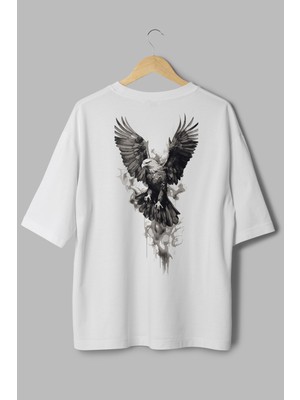 Overoz Kartal Sırt Baskılı Yarı Oversize Beyaz T-Shirt 1191