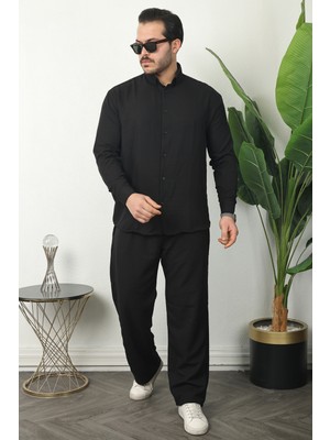 Comstar Erkek Trend Keten Gömlek Baggy Eşofman Siyah Ikili Takım