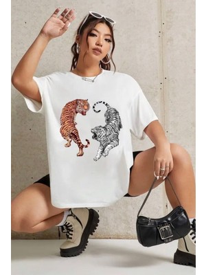 Amor Face Büyük Beden Özel Tasarım Iki Kaplan Baskılı %100 Pamuk Oversize Battal Kadın T-Shırt