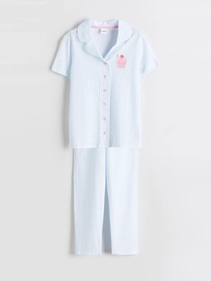 LC Waikiki Lcw Kids Beyaz Gömlek Yaka Çizgili Kız Çocuk Pijama Takım