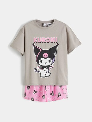 LC Waikiki Lcw Kids Gri Kuromi Baskılı Kız Çocuk Şortlu Pijama Takımı